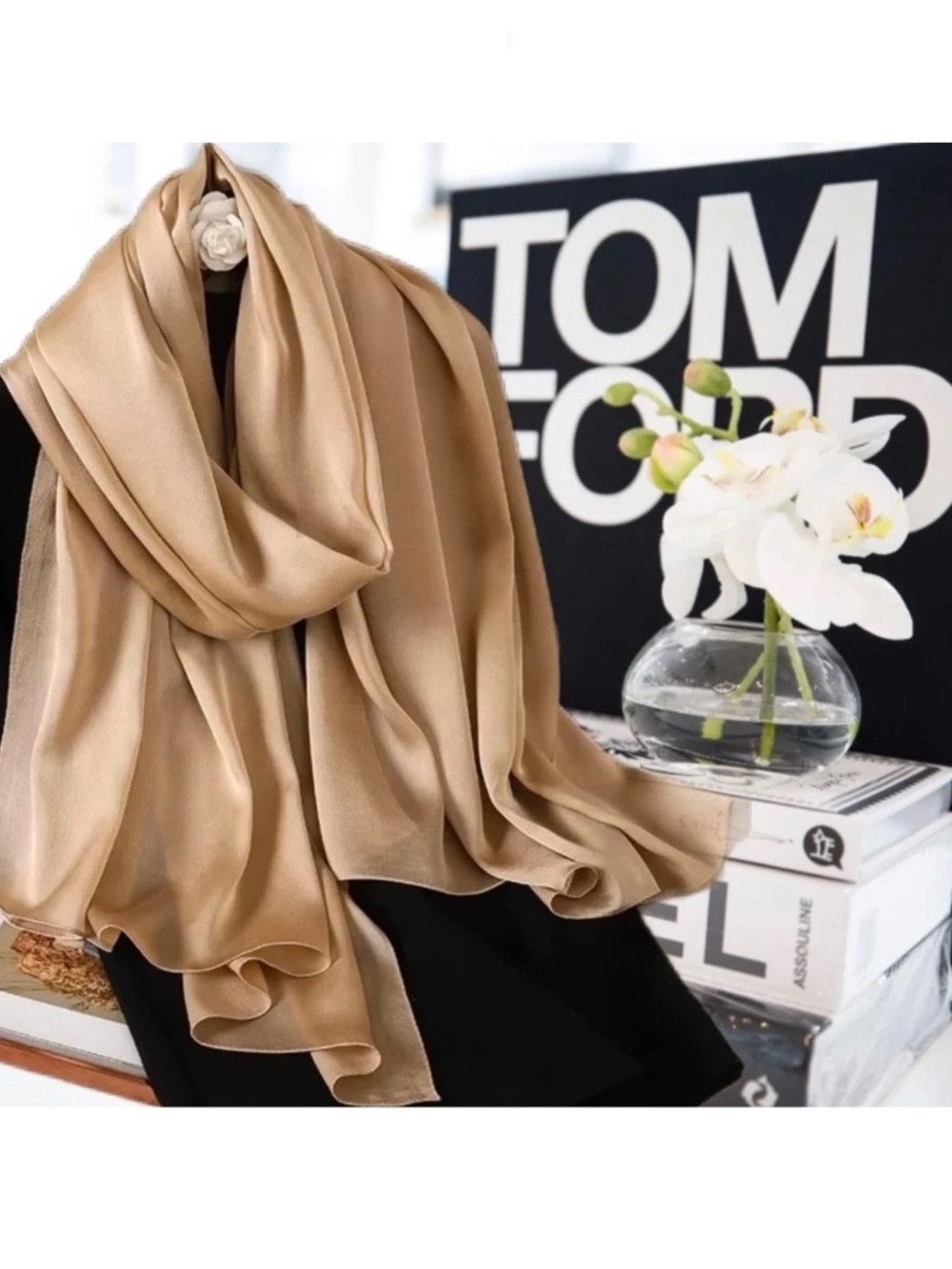 Light Camel Brown 100% SILK SATIN Large Shawl Scarf Wrap Beige Wedding CoverUp